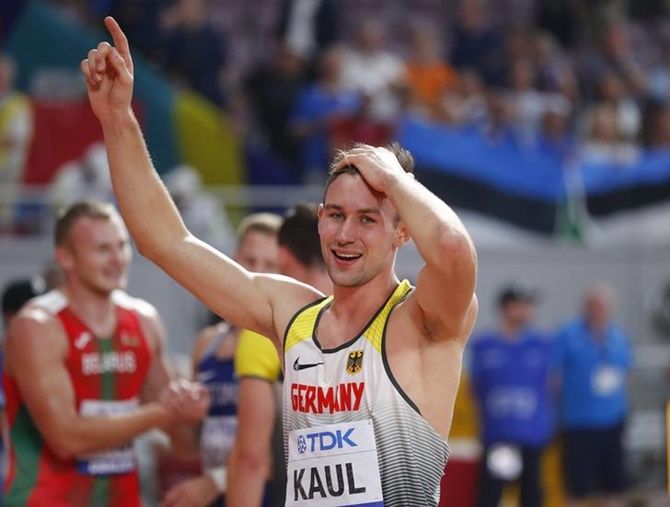 Germany's Niklas Kaul reacts after winning the men's decathlon gold.