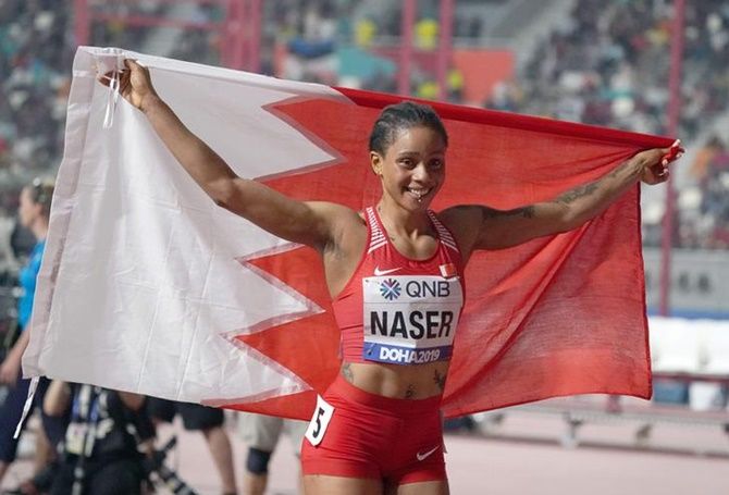 Bahrain's Salwa Eid Naser celebrates after winning the women's 400 metres in 48.14 seconds