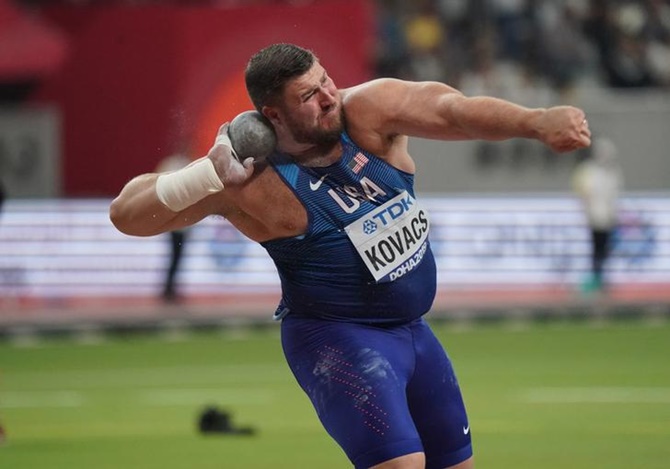 Joe Kovacs of the United States wins the shot put in a Championship record 22.91 metres.