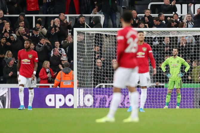 Manchester United's David de Gea and team mates look dejected Newcastle United's Matthew Longstaff scored the first goal during their EPL match on Sunday. Goalkeeper David de Gea said it was the worst moment for the club since he joined in 2011