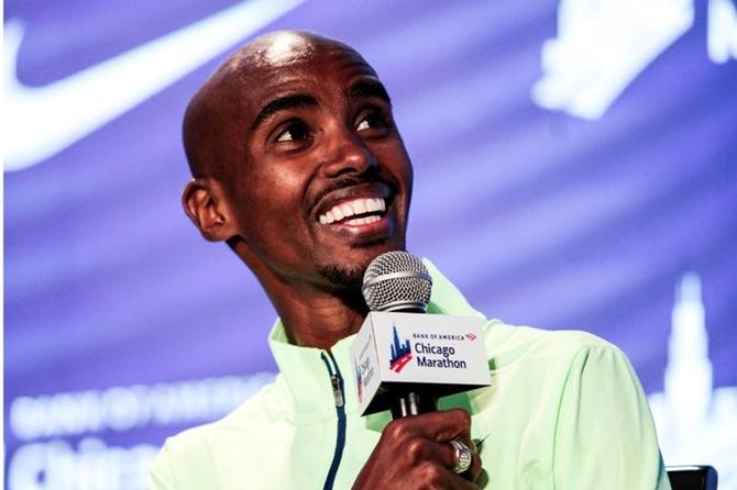 British Olympic runner Mo Farah addresses a news conference for the Chicago Marathon in Chicago, Illinois, on Friday. 