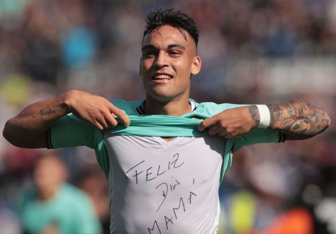 FC Internazionale's Lautaro Martinez celebrates after scoring the opening goal against US Sassuolo during their Serie A match at Mapei Stadium - Citta del Tricolore in Reggio nell'Emilia, Italy, on Sunday