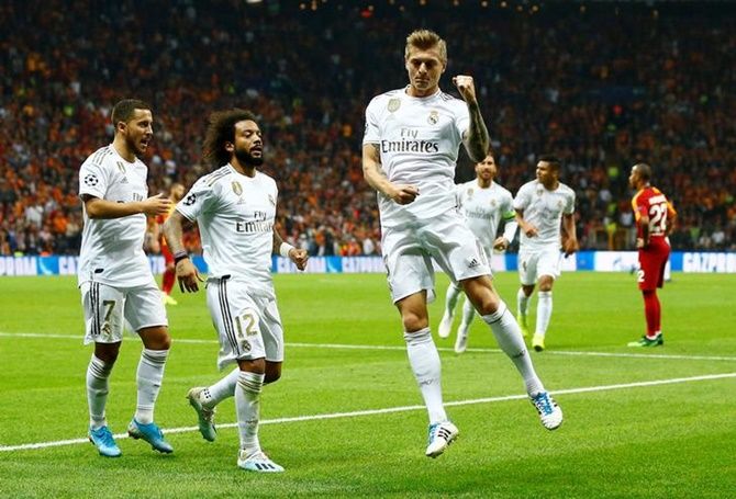 Toni Kroos celebrates scoring for Real Madrid