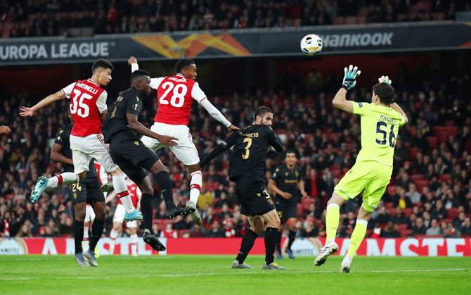 Arsenal's Gabriel Martinelli scores their first goal against Vitorai S.C. 