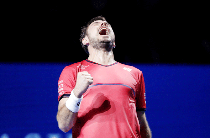 Switzerland's Stan Wawrinka celebrates after winning his second round match against USA's Frances Tiafoe  during the Swiss Indoors tournament in St. Jakobshalle, Basel, Switzerland, on Thursday.