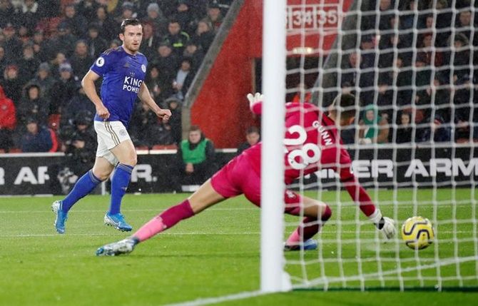 Ben Chilwell scores Leicester City's opening goal.