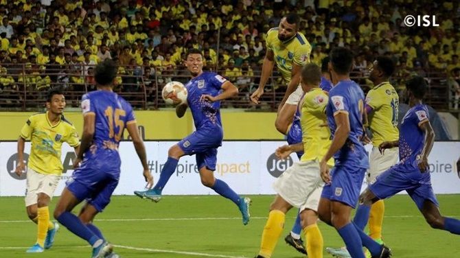 Action in the Indian Super League match between Kerala Blasters and Mumbai City.