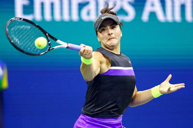 Canada's Bianca Andreescu returns a shot during her US Open fourth round match against Taylor Townsend on Monday