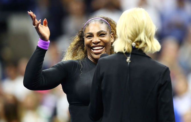 Serena Williams speaks during an on court TV interview after winning her US Open semi-final against Elina Svitolina on Thursday