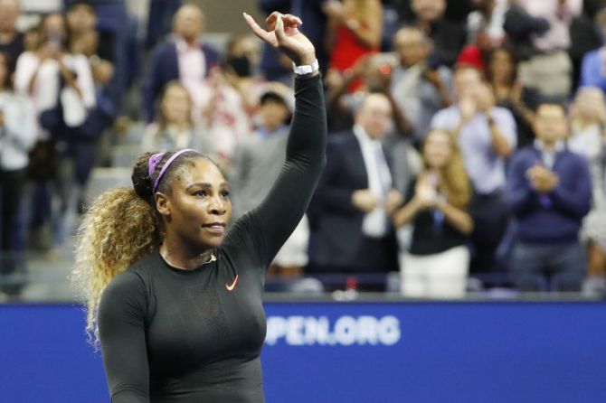 USA's Serena Williams gestures to the crowd after winning her US Open semi-final against Ukraine's Elina Svitolina on day eleven of the 2019 US Open tennis tournament at USTA Billie Jean King National Tennis Center at Flushing Meadows in New York on Thursday
