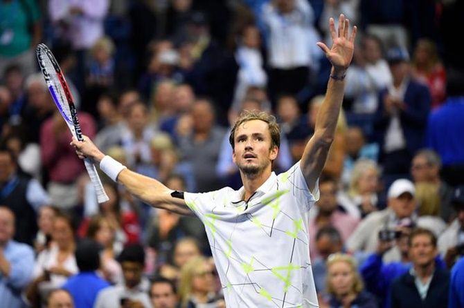 Daniil Medvedev celebrates victory over Bulgaria's Grigor Dimitrov of Bulgaria in the US Open semi-finals at at the USTA Billie Jean King National Tennis Center on Friday.