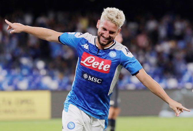 Napoli's Dries Mertens celebrates scoring their second goal against Sampdoria