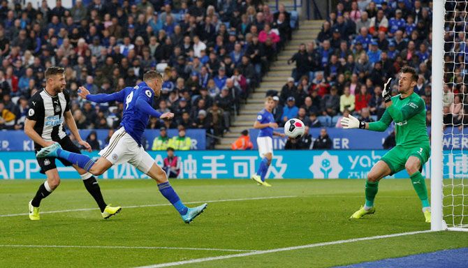 Leicester City's Jamie Vardy scores their fourth goal