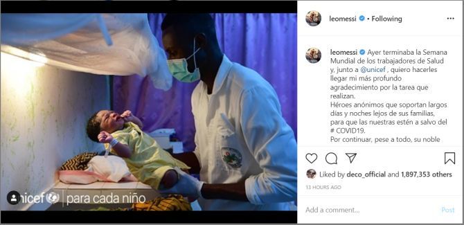 Lionel Messi's Instagram post giving gratitude to health workers to mark World Health Worker Week