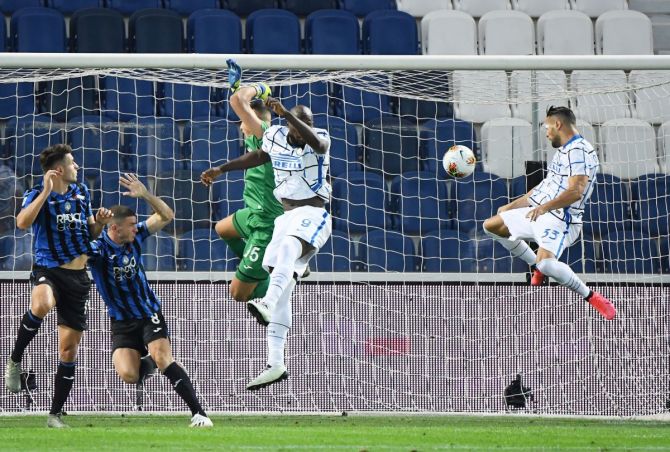 Inter Milan's Danilo D'Ambrosio scores their first goal against Atalanta 