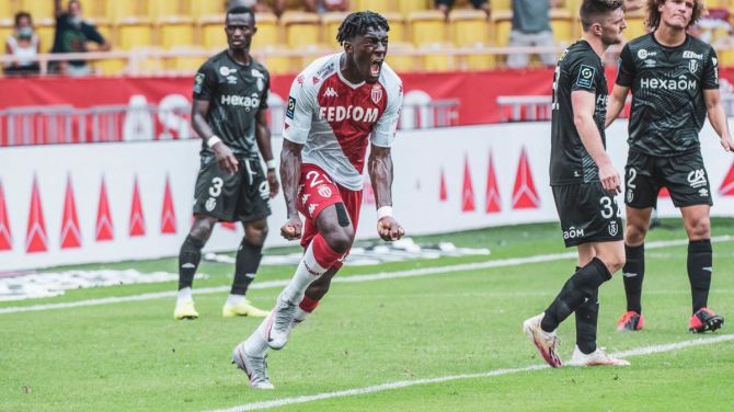 Monaco's Axel Disasi celebrates on scoring against Reims in their Ligue 1 match on Sunday