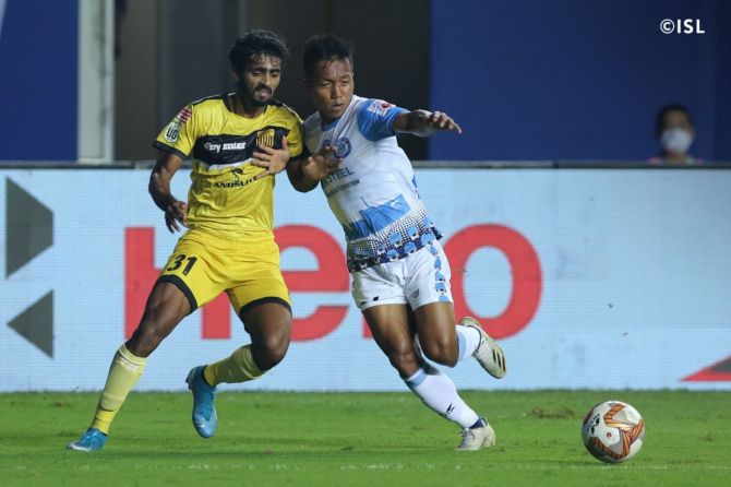 Action from the ISL match played between Jamshedpur FC and Hyderabad in Vasco on Wednesday