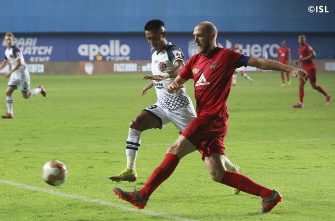 Action from the match played between NEUFC and SC East Bengal in Vasco on Saturday