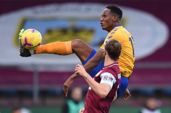 Everton's Yerry Mina in action during their match against Burnley at Turf Moor in Burnley 