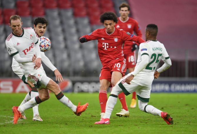 Bayern Munich's Leroy Sane wades through a sea of Lokomotiv Moscow defenders during their Champions League Group A match at Allianz Arena in Munich 