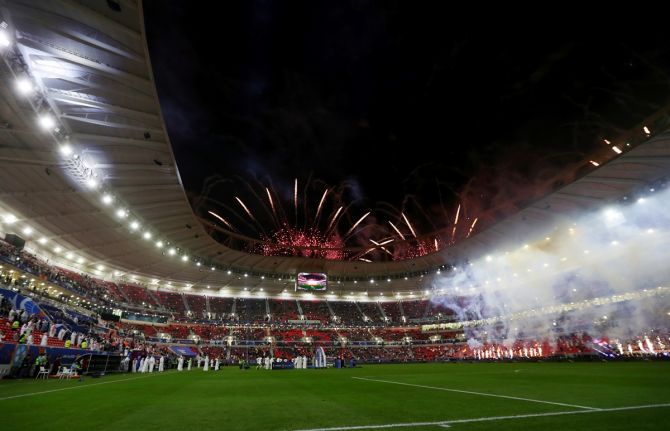 Fireworks are set off after the Amir Cup final between Al Sadd v Al Arabi at the Al Rayyan stadium, in Al Rayyan, Qatar, on Friday. 