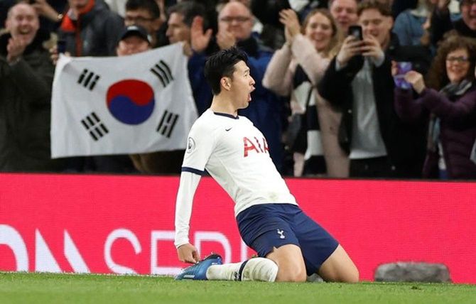 Son Heung-min celebrates scoring Tottenham Hotspur's second goal.