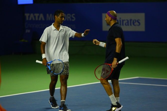 India's Ramkumar Ramanathan (left) and Purav Raja during their doubles match at the Tata Open Maharashta, in Pune, on Wednesday.