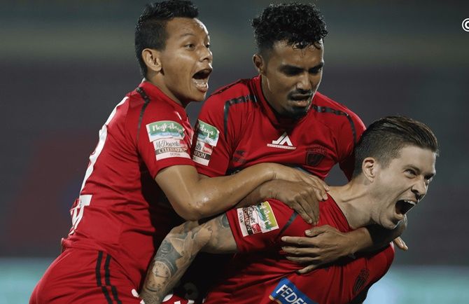 NorthEast United players celebrate after Federico Gallego puts them ahead in Monday’s ISL match against Jamshedpur.