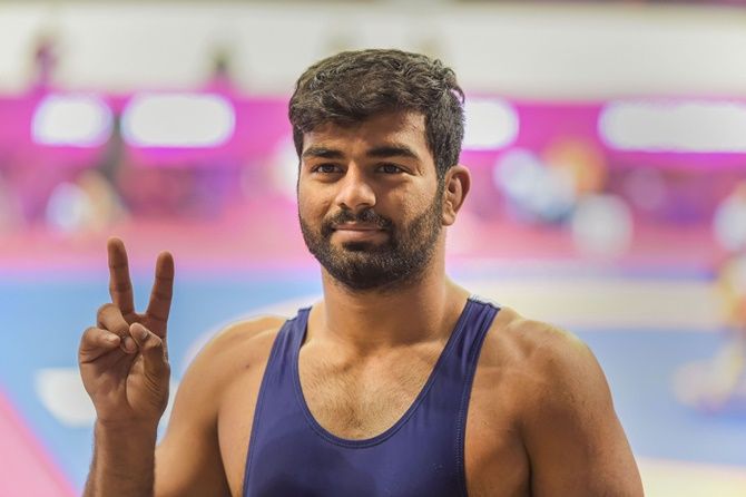 India's Aditya Kundu after winning his 72 kg- category bronze medal match against Nao Kusaka of Japan at the Asian Wrestling Championship 2020, in New Delhi