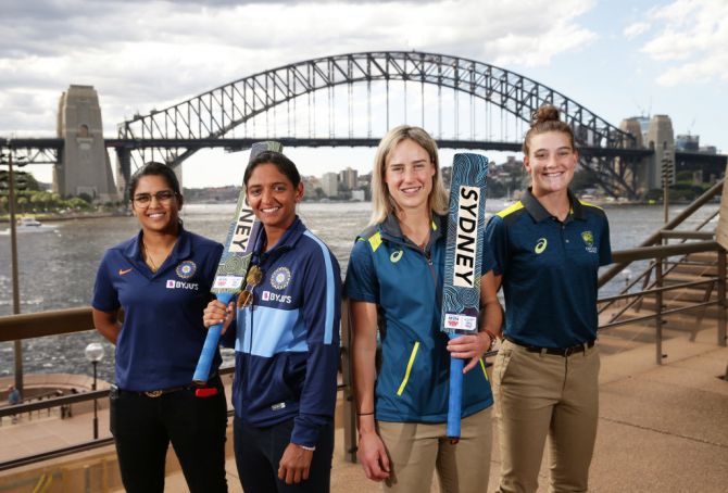(Left to right): India's Veda Krishnamurthy and Harmanpreet Kaur, and Australia's Ellyse Perry and Annabel Sutherland pose during an Australia-India ICC Women's T20 World Cup media opportunity at Sydney Opera House