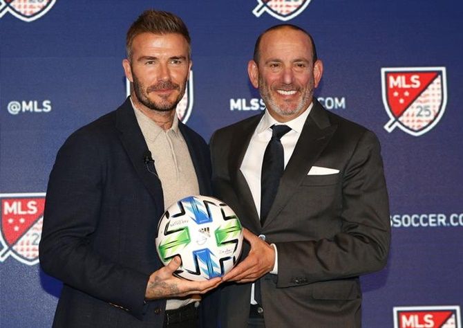 David Beckham and MLS Commissioner Don Garber during the MLS 25th Season Kick-off at the Mandarin Oriental Hotel, in New York, on Wednesday.