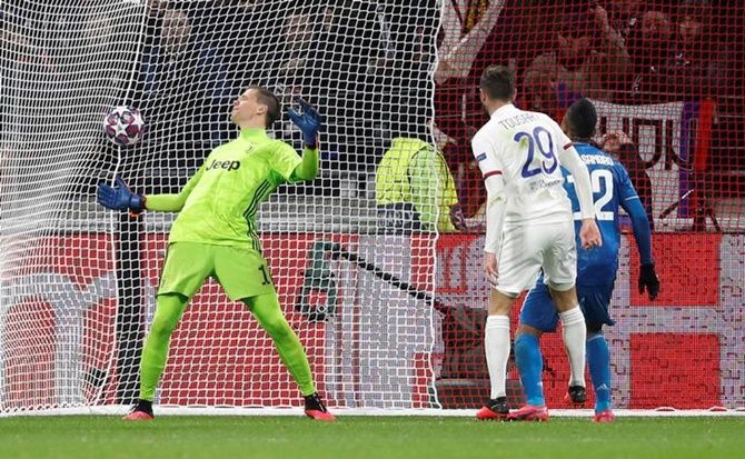 Lucas Tousart scores for Olympique Lyonnais  in the Champions League Round of 16 First Leg against Juventus, at Groupama Stadium, in Lyon, France, on Wednesday. 