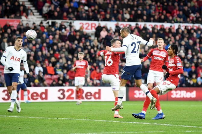 Tottenham Hotspur's Lucas Moura heads in to score the equaliser during the FA Cup third round match against Middlesbrough at Riverside Stadium in Middlesbrough on Sunday