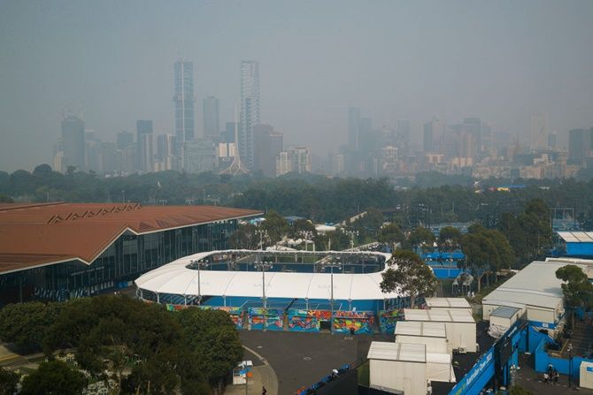 A general view of the city shrouded in smoke ahead of the 2020 Australian Open at Melbourne Park on Tuesday in Melbourne