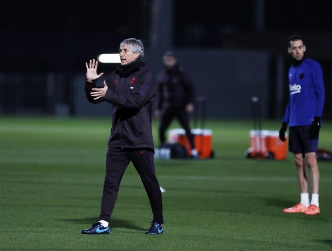 Coach Quique Setien at a FC Barcelona training session on Tuesday