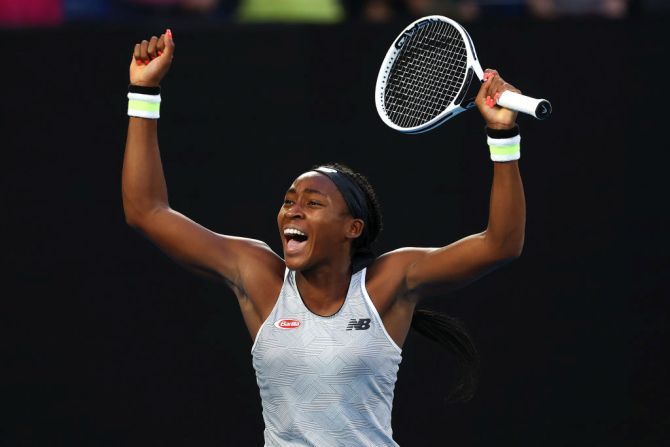 USA's Coco Gauff celebrates after defeating defending champion Japan's Naomi Osaka in their third round match