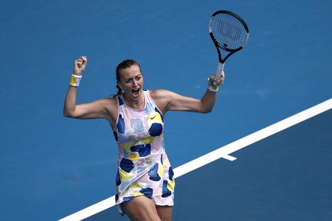 The Czech Republic’s Petra Kvitova celebrates winning her fourth round match against Greece’s Maria Sakkari