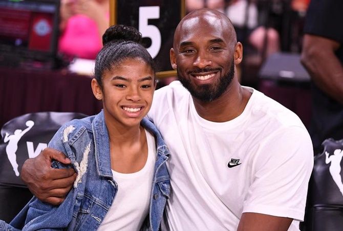 Kobe Bryant with his daughter Gianna at the WNBA All Star Game at Mandalay Bay Events Center on July 27, 2019. 