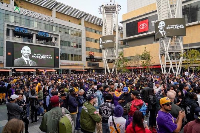 Mourners gather in Microsoft Square near the Staples Center to pay respects to Kobe Bryant.