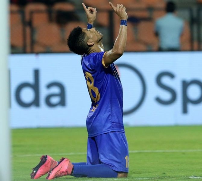 Diego Carlos celebrates after scoring for Mumbai FC in Friday’s Indian Super League match against NorthEast United in Mumbai