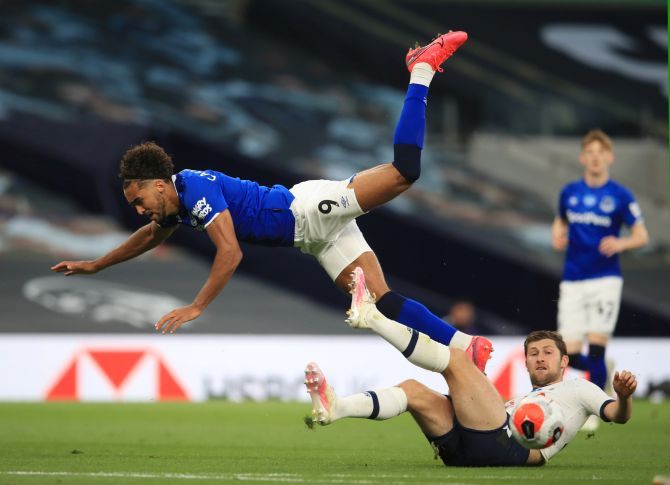 Everton's Dominic Calvert-Lewin is tripped by Tottenham Hotspur's Ben Davies during their EPL match at Tottenham Hotspur Stadium in London on Monday 