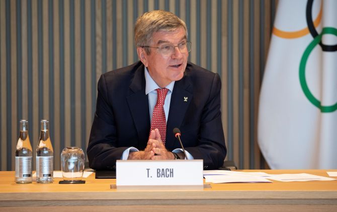 Thomas Bach, President of the International Olympic Committee (IOC) attends a meeting of IOC's executive board, as the spread of the coronavirus disease (COVID-19) continues, in Lausanne, Switzerland July 15, 2020