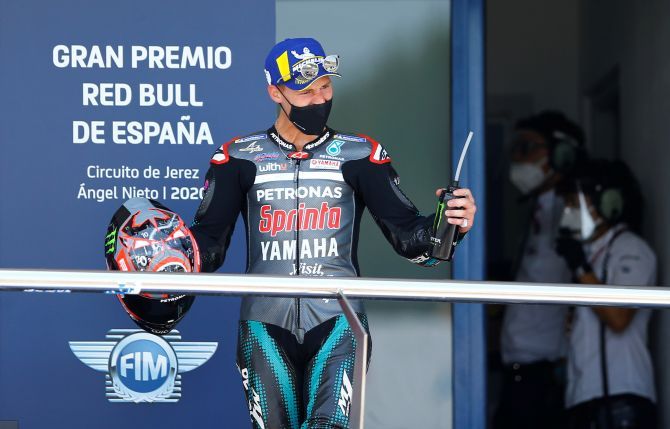 Petronas Yamaha SRT's Fabio Quartararo celebrates on the podium winning the Spanish MotoGP Grand Prix race at Circuito de Jerez, Jerez, Spain, on Sunday