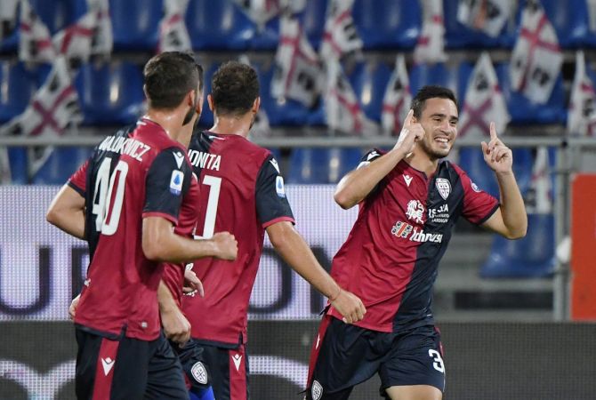 Cagliari's Luca Gagliano celebrates scoring their first goal against Juventus at Sardegna Arena, Cagliari, Italy, on Wednesday 