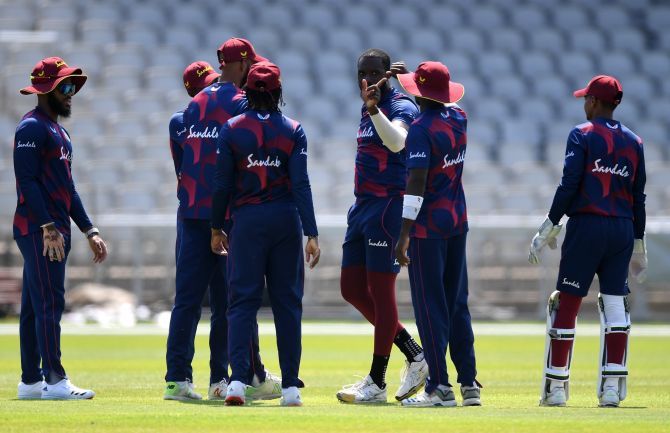 West Indies players during a practice session in Manchester, England, on Wednesday