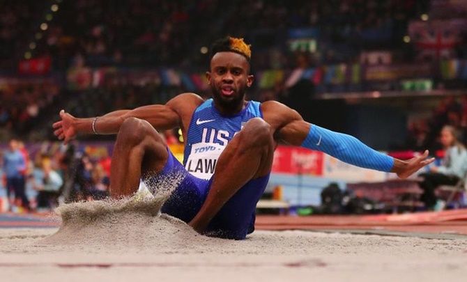 Jarrion Lawson of the United States in action during the men's long jump final at the IAAF World Indoor Championships 2018, in Arena Birmingham, Birmingham, on March 2, 2018.