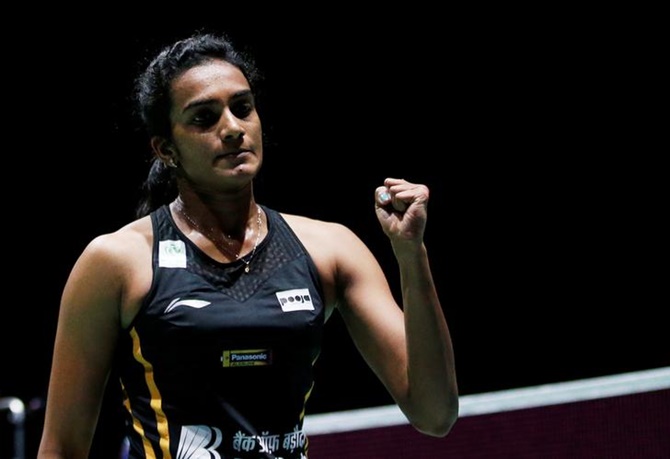 India's Pusarla Sindhu in action at the Badminton World Championships, in St. Jakobshalle Basel, Switzerland.