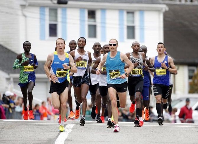 The pack of elite runners during the 2019 Boston Marathon.