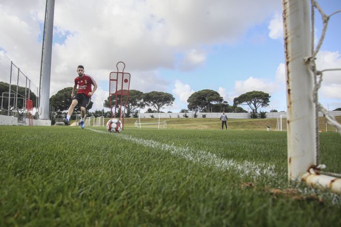 A Benfica player trains at the club's the training grounds. Portuguese clubs Benfica and FC Porto began training last week as the Premiera Liga is set to restart on May 30.