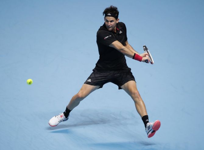 Austria's Dominic Thiem in action during his ATP Finals semi-final against Serbia's Novak Djokovic at the 02 Arena in London on Saturday 
